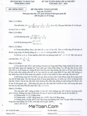 Đề thi tuyển sinh vào 10 chuyên Toán Đồng Tháp năm 2017 - 2018 có lời giải