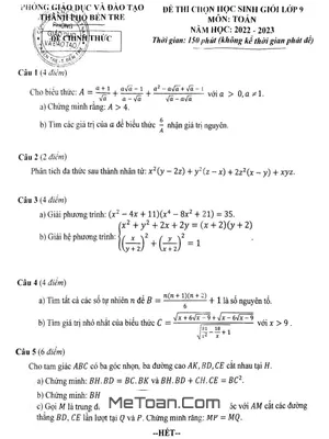 Đề thi chọn học sinh giỏi Toán 9 năm 2022 - 2023 phòng GD&ĐT Bến Tre