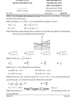 Đề thi giữa kỳ 1 Toán 10 năm 2024 - 2025 trường THPT Đông Anh - Hà Nội