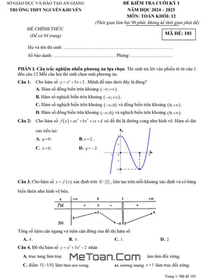 Đề thi cuối kỳ 1 Toán 12 năm 2024 - 2025 trường THPT Nguyễn Khuyến - An Giang