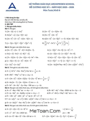 Đề Cương Ôn Tập Cuối Kỳ 1 Toán 8 Năm Học 2025 - 2026 Archimedes School