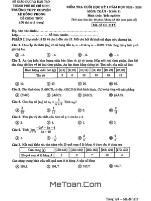 Đề thi cuối học kỳ 1 Toán 11 năm 2025 – 2026 trường chuyên Lê Hồng Phong – TP HCM