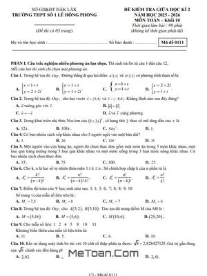 Đề Thi Giữa Học Kỳ 2 Toán 10 Năm 2025-2026 Trường THPT Lê Hồng Phong 1 - Đắk Lắk Có Đáp Án