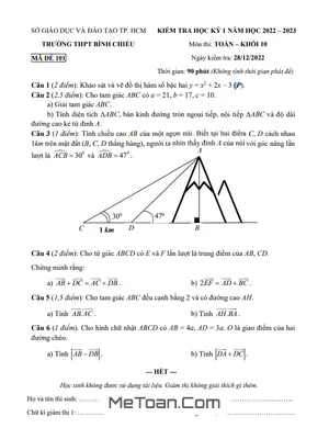 Đề thi học kỳ 1 Toán 10 năm 2022 - 2023 trường THPT Bình Chiểu - TP.HCM (Có đáp án)