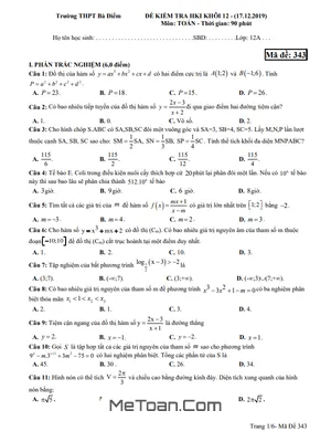 Đề thi học kì 1 Toán 12 năm 2019 - 2020 trường THPT Bà Điểm - TP HCM