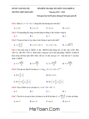 Đề thi HK1 Toán 12 năm 2017 - 2018 trường THPT Kim Liên - Hà Nội có đáp án