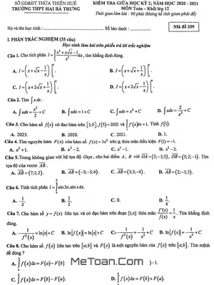 Đề thi giữa HK2 môn Toán lớp 12 năm 2020 - 2021 trường THPT Hai Bà Trưng - TT Huế