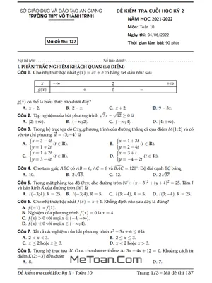Đề Thi Cuối Kỳ 2 Toán 10 Năm 2021 - 2022 Trường THPT Võ Thành Trinh - An Giang