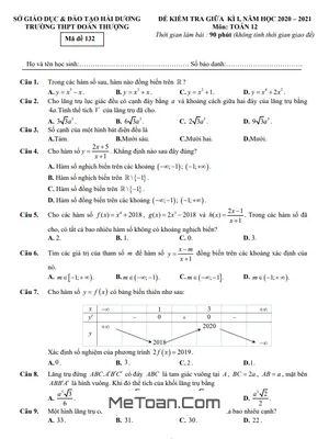 Đề thi giữa kì 1 Toán 12 năm 2020 - 2021 trường THPT Đoàn Thượng - Hải Dương