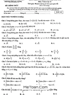 Đề thi Toán 12 cuối kì 2 năm 2020 - 2021 sở GD&ĐT Đà Nẵng (có đáp án)