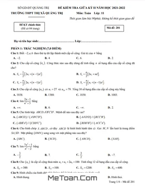 Đề thi giữa kỳ 2 Toán 11 năm 2021 - 2022 trường THPT Thị xã Quảng Trị