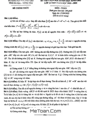 Đề chọn học sinh giỏi Toán 12 năm 2022 – 2023 sở GD&ĐT Bà Rịa – Vũng Tàu