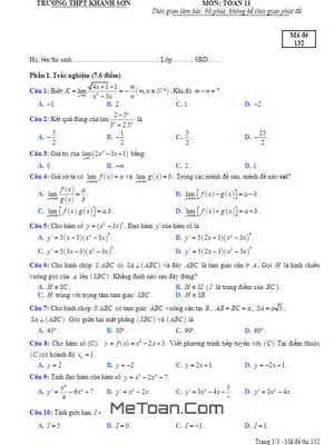 Đề thi HK2 Toán 11 năm 2019 - 2020 trường THPT Khánh Sơn - Khánh Hòa