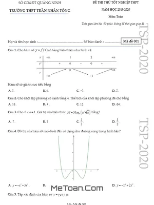 Đề thi thử THPT Quốc gia 2020 môn Toán trường THPT Trần Nhân Tông – Quảng Ninh (Mã đề 001)