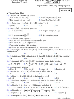 Đề Kiểm Tra Chất Lượng Lần 1 Môn Toán 10 Năm Học 2017 - 2018 Trường THPT Phạm Công Bình - Vĩnh Phúc