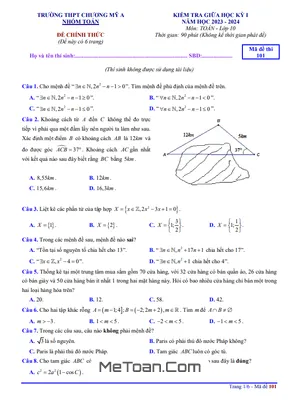Đề thi giữa học kỳ 1 Toán 10 năm 2023 - 2024 trường THPT Chương Mỹ A - Hà Nội