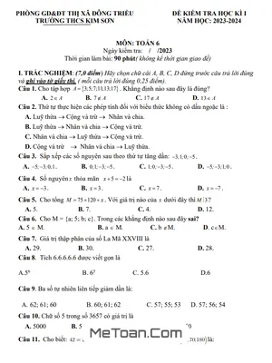 Đề thi học kỳ 1 Toán lớp 6 năm 2023 - 2024 trường THCS Kim Sơn - Quảng Ninh