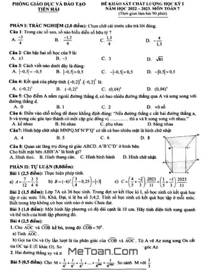 Đề thi học kỳ 1 Toán 7 năm 2022 - 2023 phòng GD&ĐT Tiền Hải - Thái Bình