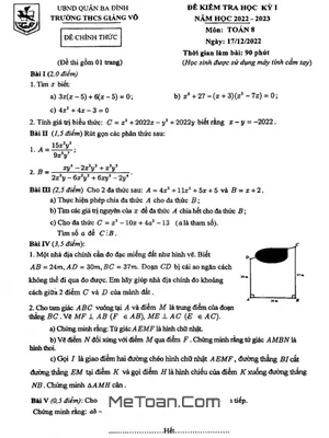 Đề học kỳ 1 Toán 8 năm 2022 - 2023 trường THCS Giảng Võ - Hà Nội
