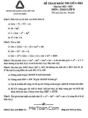 Đề Tham Khảo Giữa Kì 1 Toán 8 Năm 2022 - 2023 Trường Lương Thế Vinh - Hà Nội
