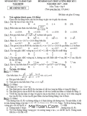 Đề khảo sát chất lượng HK1 Toán 9 năm 2017-2018 Sở GD&ĐT Nam Định (có đáp án)