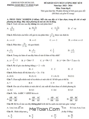 Đề thi học kì 2 Toán 8 năm 2023 - 2024 phòng GD&ĐT Hưng Hà - Thái Bình