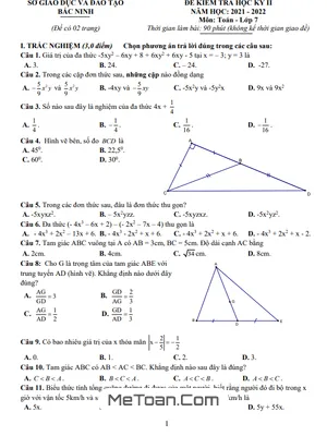 Đề thi học kì 2 Toán 7 năm 2021 - 2022 sở GD&ĐT Bắc Ninh