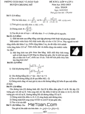 Đề Kiểm Tra Chất Lượng Toán 9 Lần 1 Năm 2022 - 2023 Phòng GD&ĐT Chương Mỹ - Hà Nội