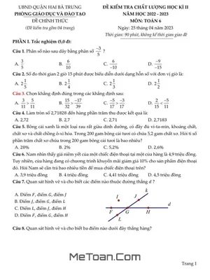 Đề thi học kì 2 Toán lớp 6 năm 2022 - 2023 phòng GD&ĐT Hai Bà Trưng - Hà Nội