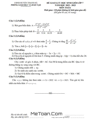 Đề thi Giao lưu HSG Toán 7 năm 2022 - 2023 phòng GD&ĐT Thanh Hà - Hải Dương