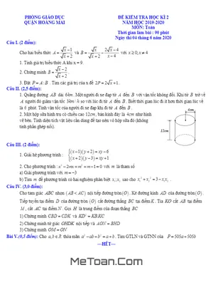 Đề thi học kỳ 2 Toán lớp 9 năm 2019 - 2020 phòng GD&ĐT Hoàng Mai - Hà Nội