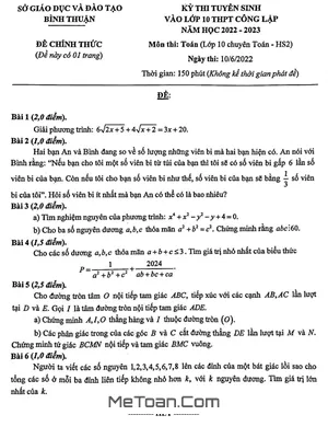 Đề thi tuyển sinh lớp 10 THPT chuyên Toán Sở GD&ĐT Bình Thuận năm 2022 - 2023