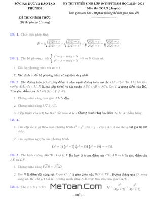 Đề thi vào lớp 10 chuyên Toán Sở GD&ĐT Phú Yên năm 2020 - 2021