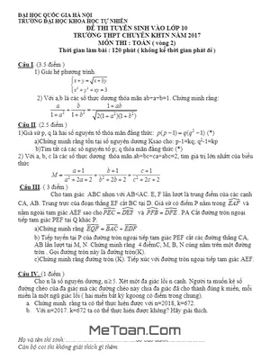 Đề thi tuyển sinh lớp 10 môn Toán trường THPT chuyên KHTN - Hà Nội (Vòng 2) năm học 2017 - 2018