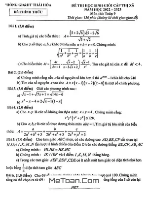 Đề thi HSG Toán 9 năm 2022 - 2023 phòng GD&ĐT Thái Hòa - Nghệ An