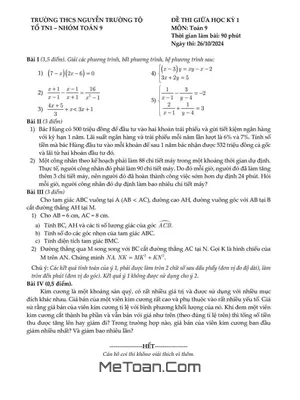 Đề giữa kì 1 Toán 9 năm 2024 - 2025 trường THCS Nguyễn Trường Tộ - Hà Nội