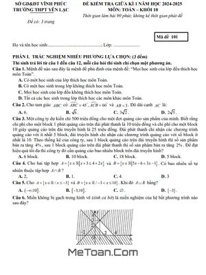 Đề Thi Giữa Kì 1 Toán 10 Năm 2024 - 2025 Trường THPT Yên Lạc - Vĩnh Phúc