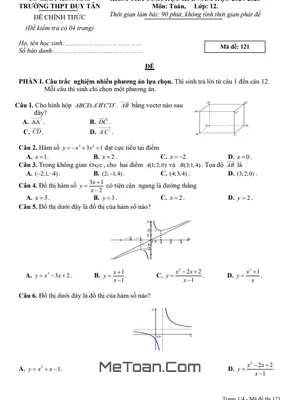Đề Thi Học Kỳ 1 Toán 12 Năm 2024 - 2025 Trường THPT Duy Tân - Kon Tum