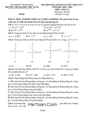 Bộ Đề Tham Khảo Giữa Kì 2 Toán 11 Năm 2024 - 2025 Sở GD&ĐT Thanh Hóa