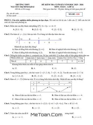Đề Cuối Kì 1 Toán 12 Năm Học 2025 – 2026 Trường THPT Nguyễn Thị Minh Khai – Hà Tĩnh