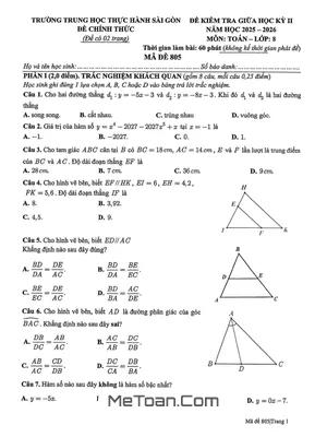 Đề Thi Giữa Học Kỳ 2 Toán 8 Năm 2025-2026 Trường Thực Hành Sài Gòn (TP.HCM) Có Đáp Án Chi Tiết