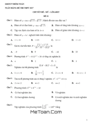 Bộ 600 Câu Hỏi Trắc Nghiệm Chuyên Đề Hàm Số Mũ & Logarit - Nhóm Toán