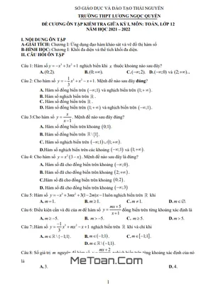 Đề Cương Ôn Tập Giữa Kì 1 Toán 12 Năm 2021 - 2022 Trường THPT Lương Ngọc Quyến - Thái Nguyên