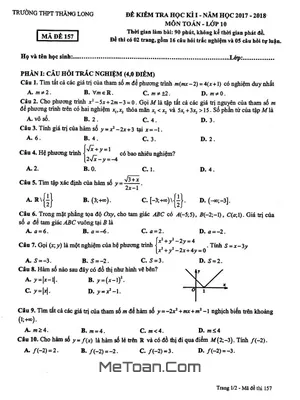 Đề thi học kì 1 Toán 10 năm 2017 - 2018 trường THPT Thăng Long - Hà Nội