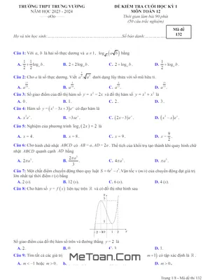 Đề Thi Học Kỳ 1 Toán 12 năm 2023 - 2024 Trường THPT Trưng Vương - TP.HCM (Có Đáp Án)