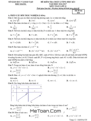 Đề thi HK1 Toán 12 năm học 2016 - 2017 sở GD&ĐT Bắc Giang