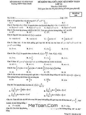 Đề thi giữa kỳ 2 Toán 12 năm 2019 trường THPT Nhân Chính – Hà Nội (Mã đề 209)