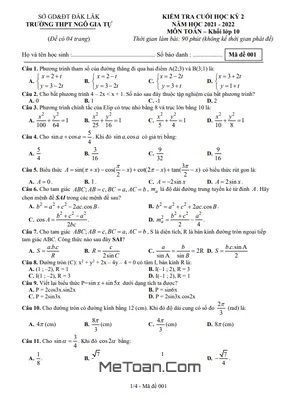 Đề thi HK2 Toán 10 năm 2021 - 2022 trường THPT Ngô Gia Tự - Đắk Lắk