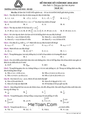 Đề thi học kỳ 1 Toán 11 năm học 2018 – 2019 trường Lương Thế Vinh – Hà Nội