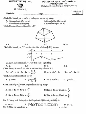 Đề thi giữa học kì 1 Toán 12 năm 2020 – 2021 trường THPT Việt Đức – Hà Nội (Mã đề 021)